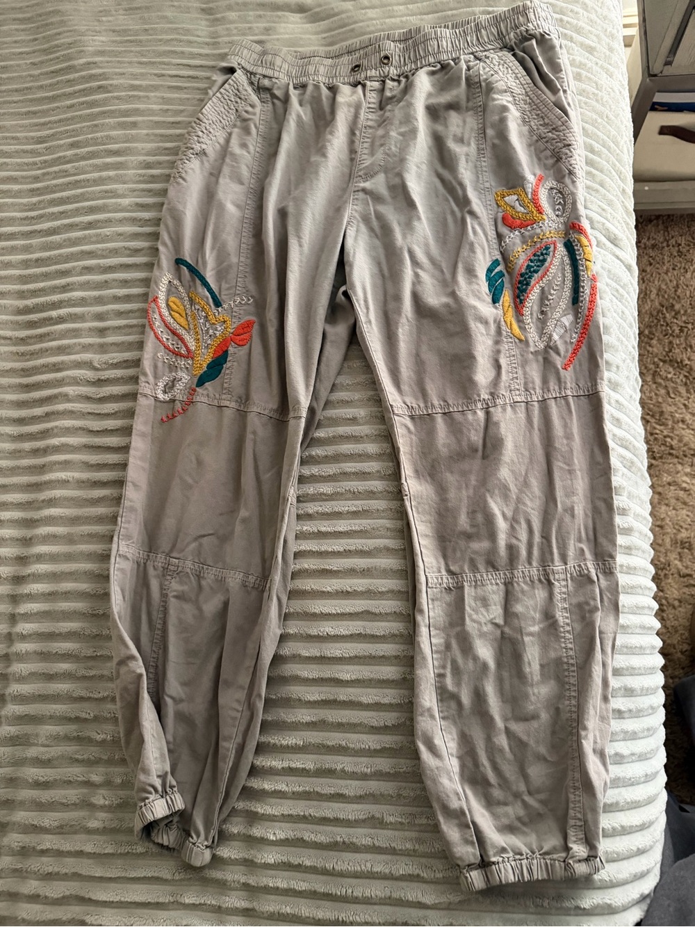 Anthropology Gray “cotton like” women’s Jogger Pants with Colorful Embroidery